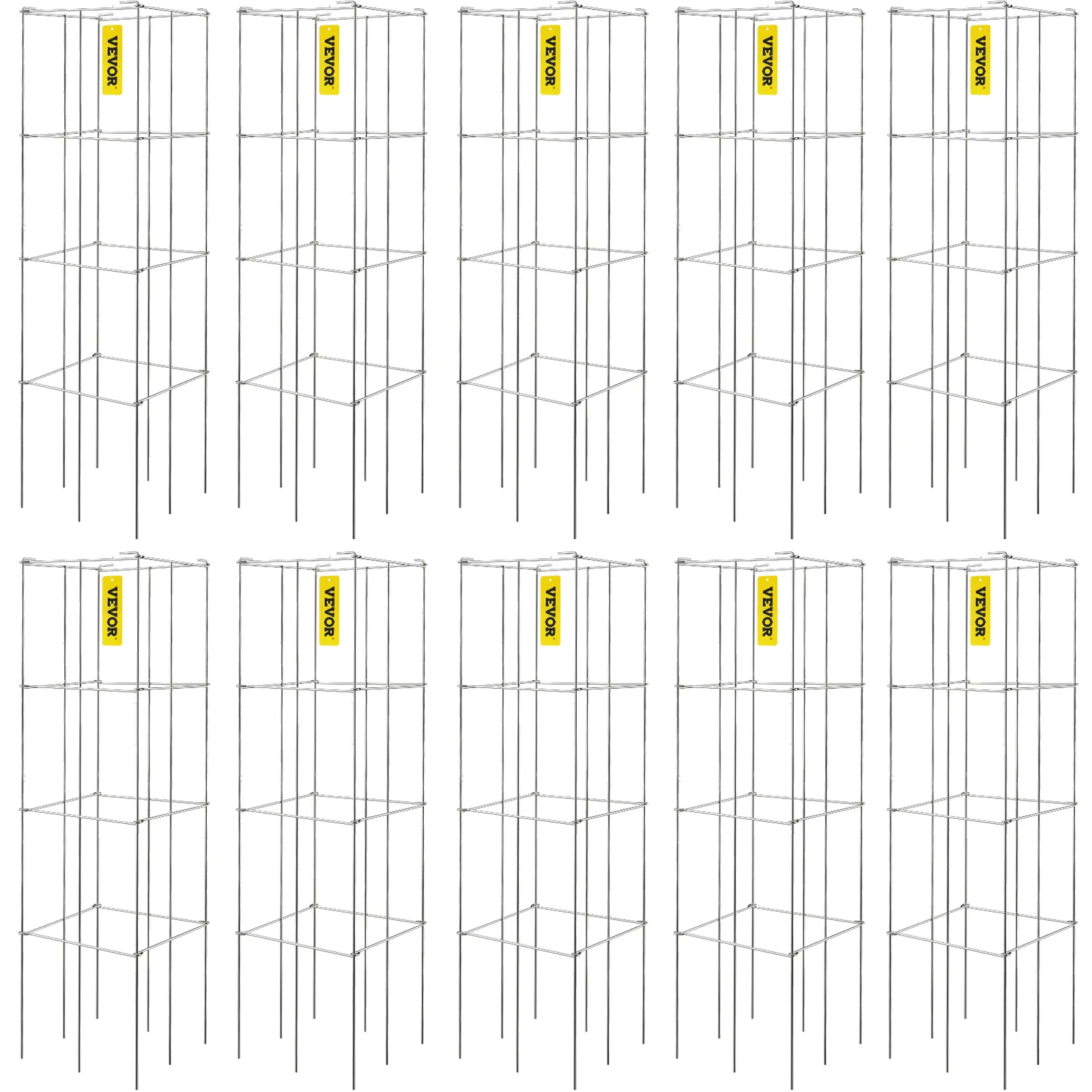 10 VEVOR tomato cages in a grid layout with yellow labels.