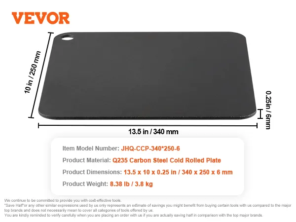 VEVOR pizzastaal, q235 koolstofstaal, 13,5x10x0,25 inch, zwart, 8,38 lb, model jhq-ccp-340*250-6