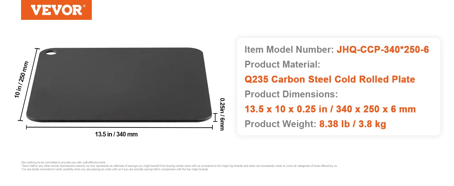 VEVOR pizzastaal, q235 koolstofstaal, 13,5x10x0,25 inch, zwart, 8,38 lb, model jhq-ccp-340*250-6