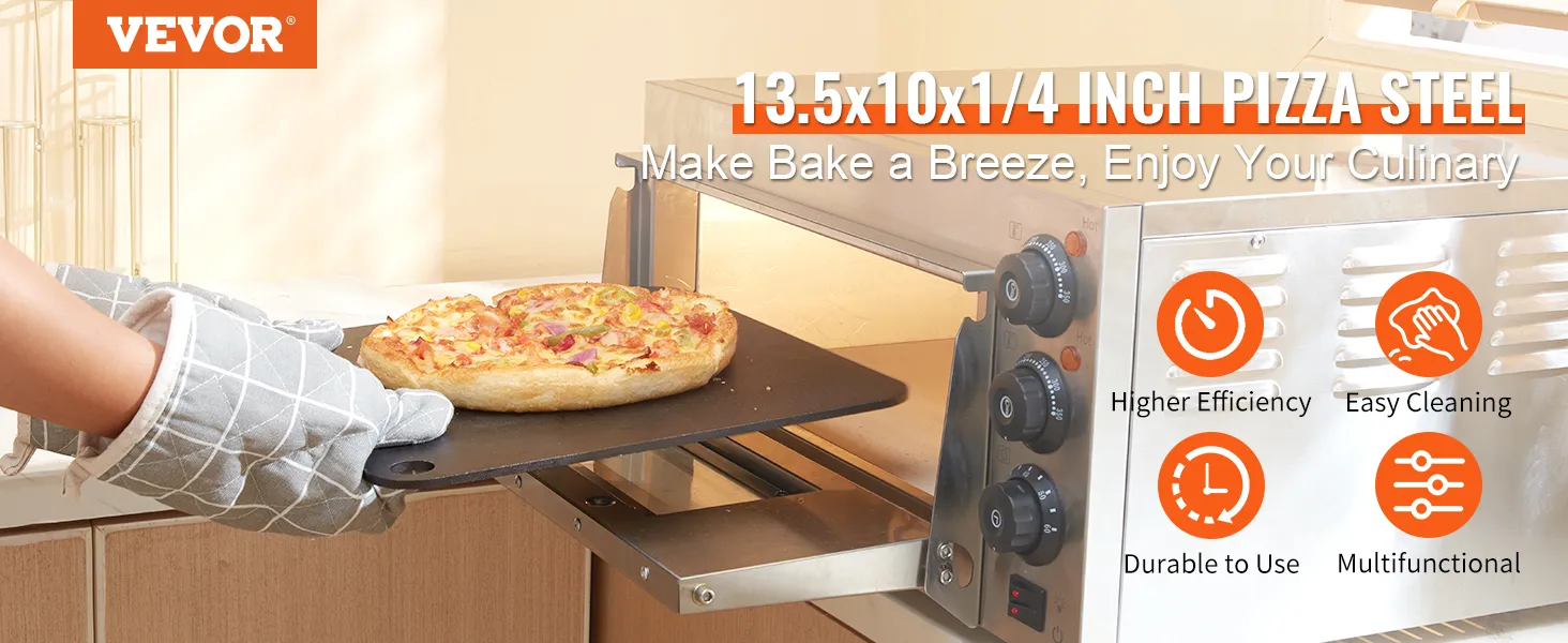 pizza bakken met VEVOR pizzastaal in een oven, met een hogere efficiëntie, eenvoudige reiniging en duurzaamheid.