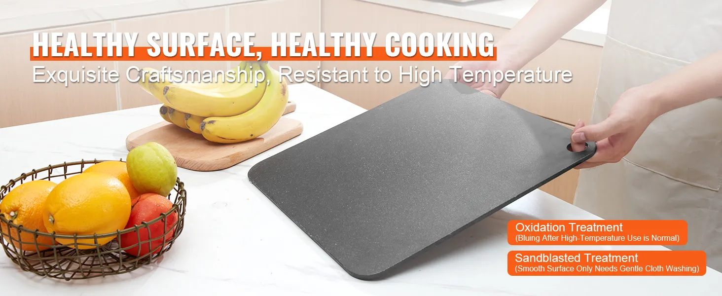 VEVOR pizzastaal in een keukenopstelling, met fruitmanden, met de nadruk op gezondheidsvoordelen en duurzaamheid.