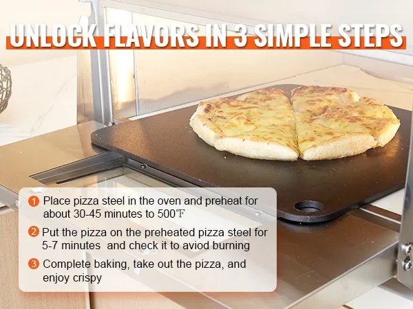 VEVOR pizzastaal in de oven met een gebakken kaaspizza, met eenvoudige bakstappen voor knapperige resultaten.