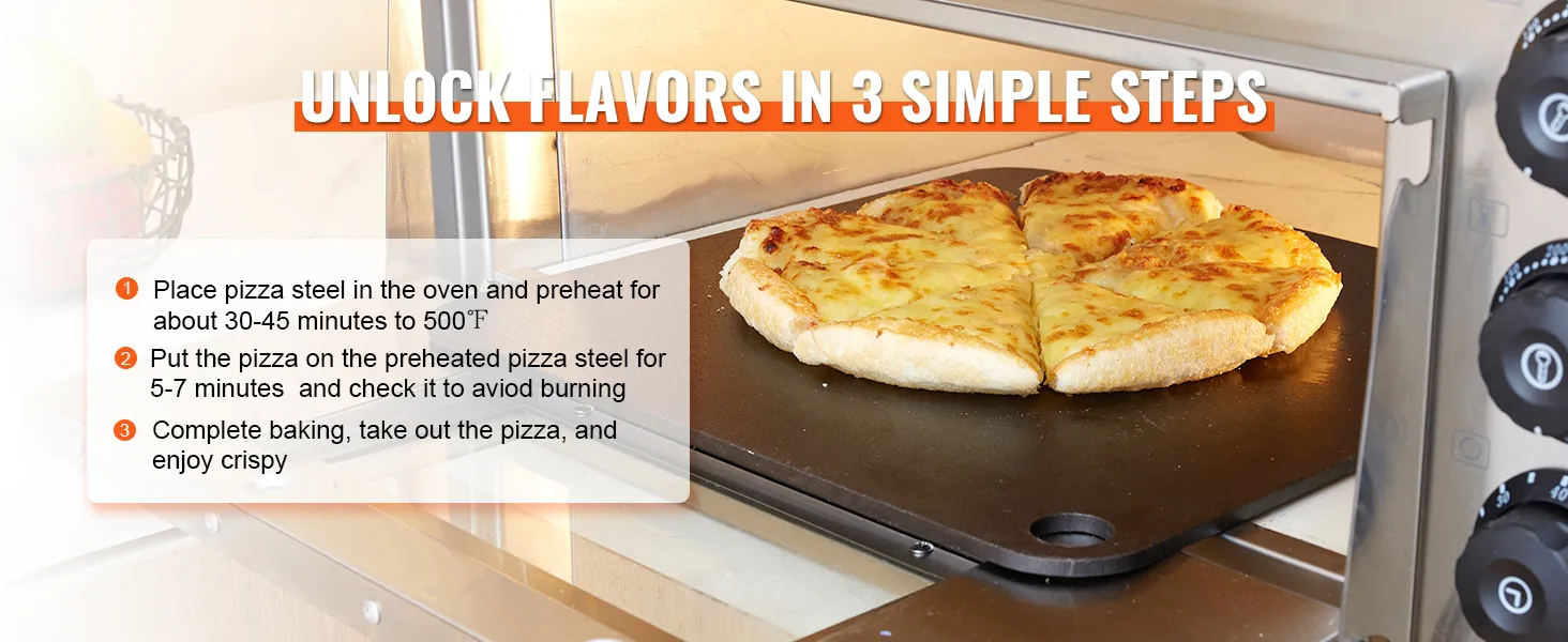 VEVOR pizzastaal in de oven met een gebakken kaaspizza, met eenvoudige bakstappen voor knapperige resultaten.