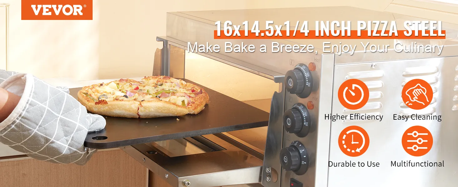 VEVOR pizza steel in use, baking a fresh pizza with higher efficiency, easy cleaning, and multifunctional features.