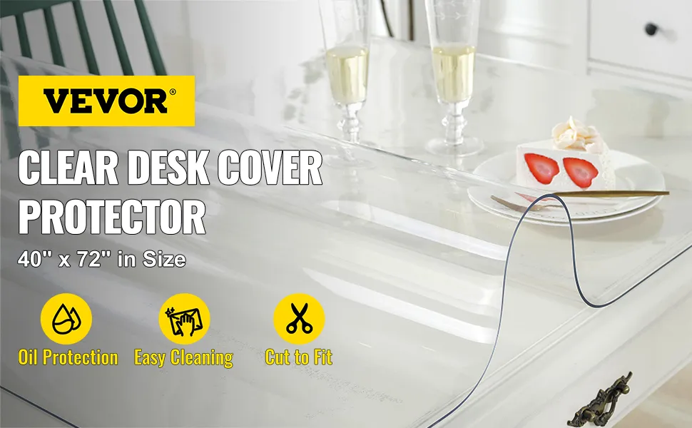 VEVOR plastic table cover protecting a white desk with dessert and two glasses in the background.