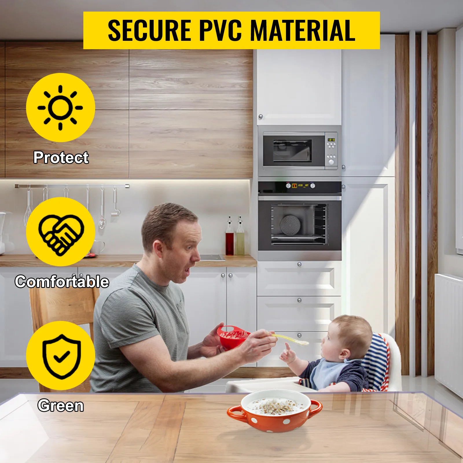 father feeding baby in modern kitchen with VEVOR plastic table cover, secure pvc material benefits displayed.