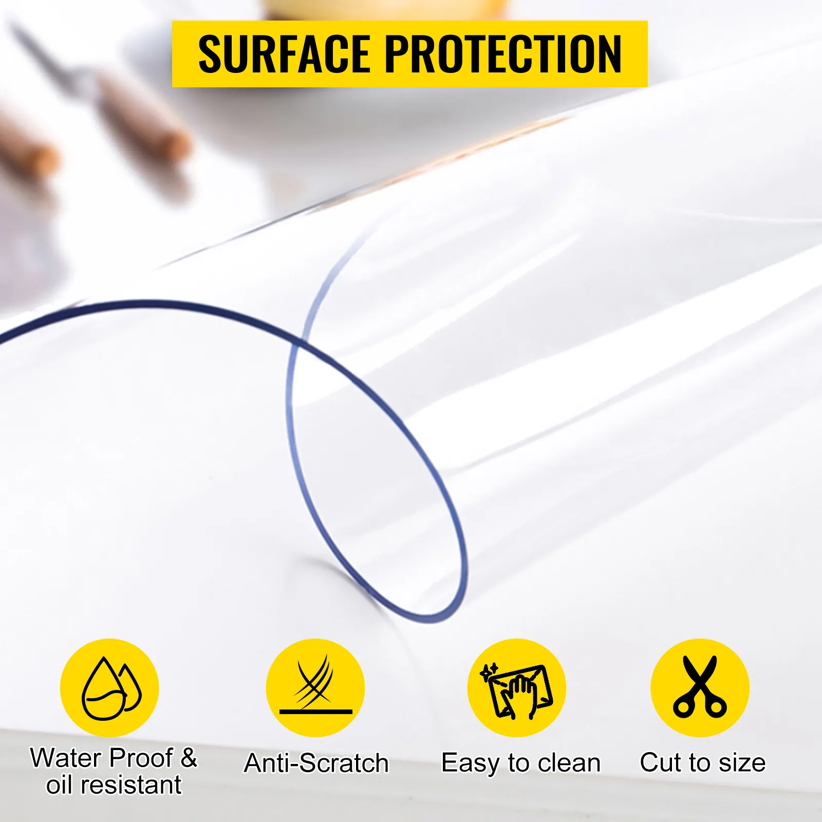 VEVOR plastic table cover offering waterproof, anti-scratch, easy to clean, and cut-to-size features.