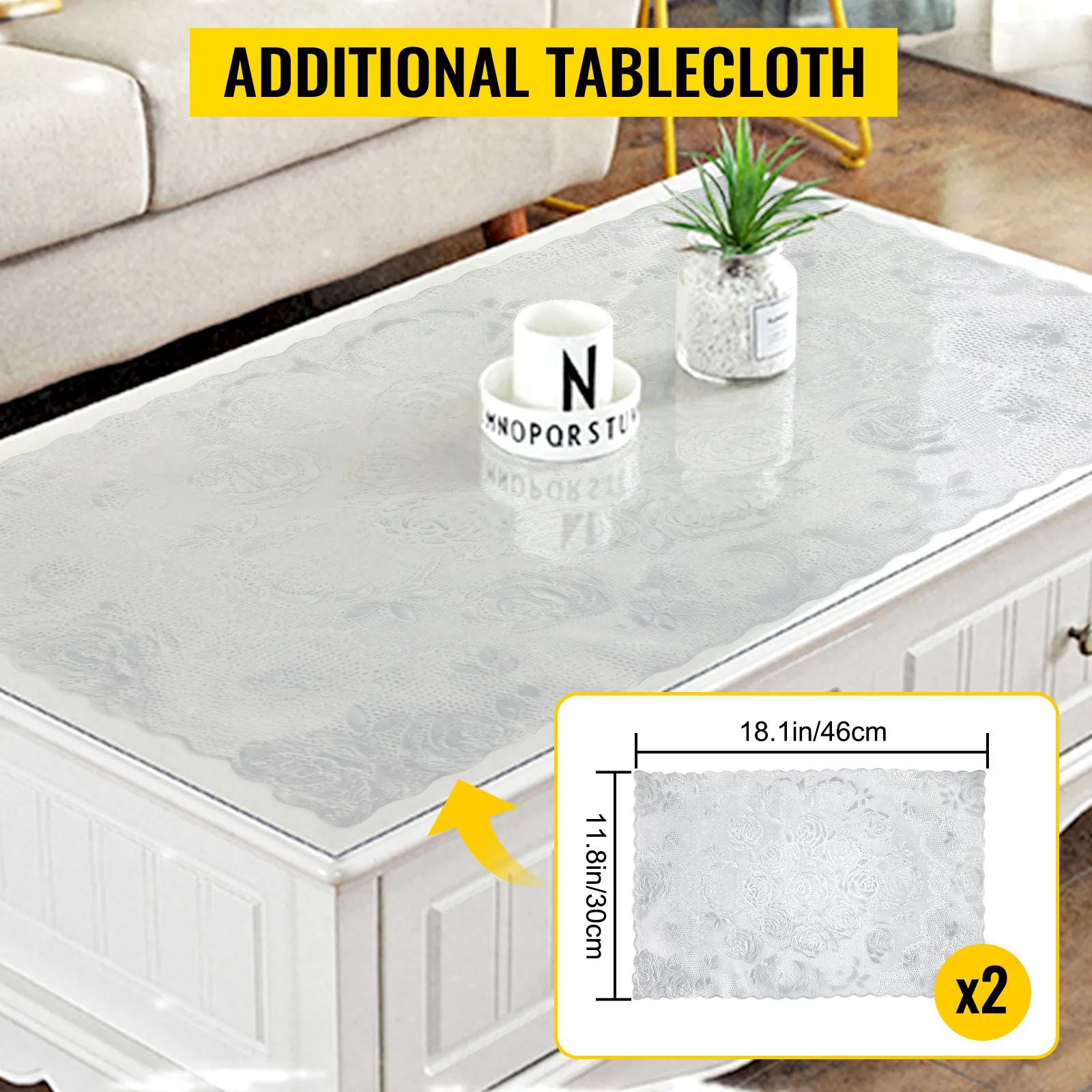 clear VEVOR plastic table cover on a white coffee table with plant and candle, including dimensions.