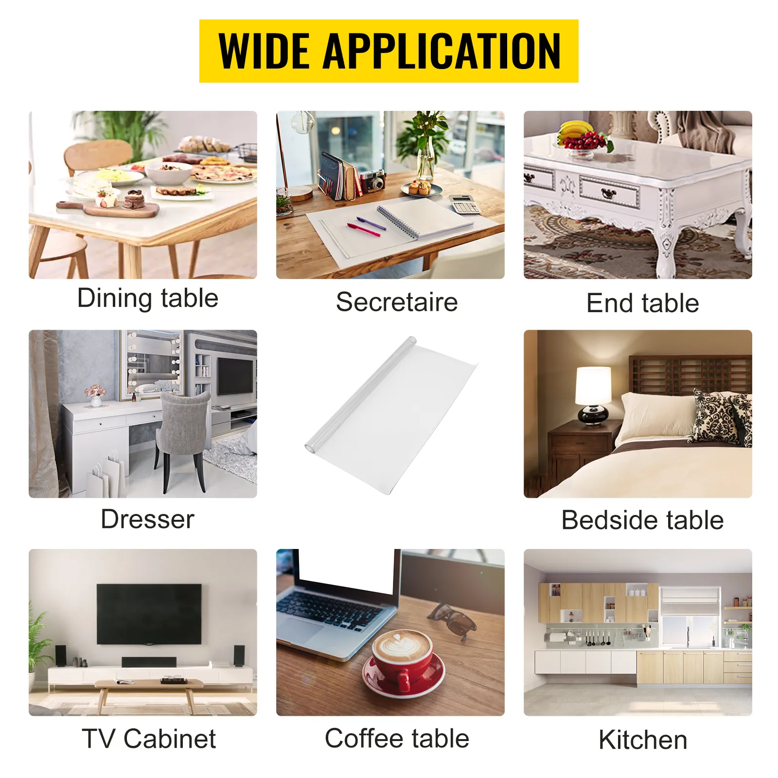 wide application of VEVOR plastic table cover for dining table, secretaire, end table, and bedside table.