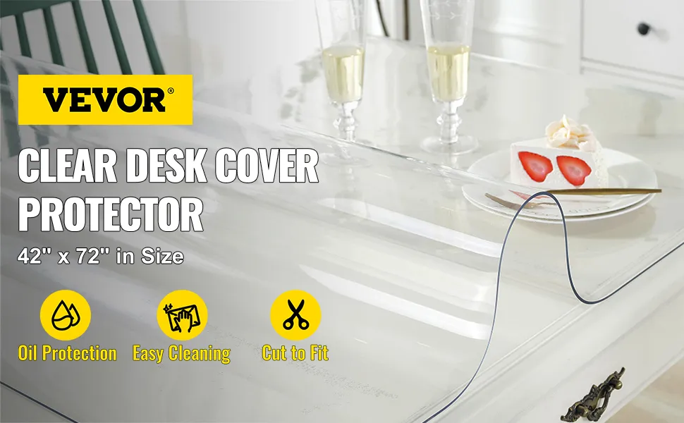 VEVOR plastic table cover providing clear desk cover protection, easy cleaning, and customizable fit.