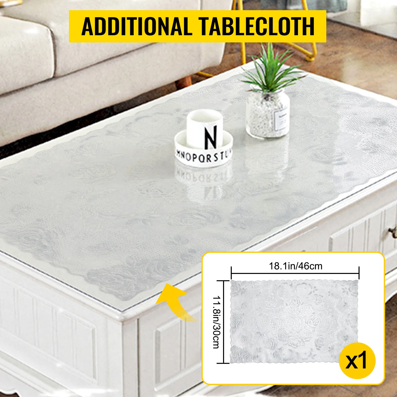 additional tablecloth on a coffee table, VEVOR plastic table cover, dimensions 18.1in by 11.8in, clear design.