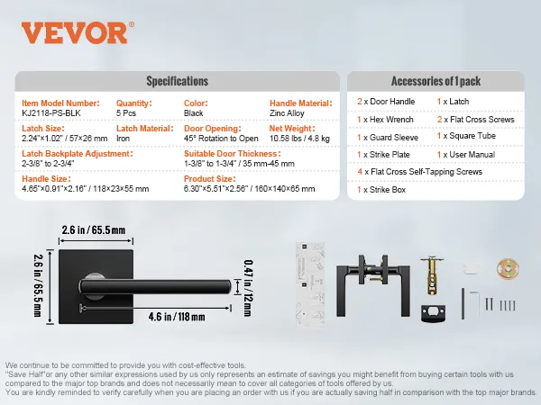 VEVOR passage door handle specifications, dimensions, and accessories in package.