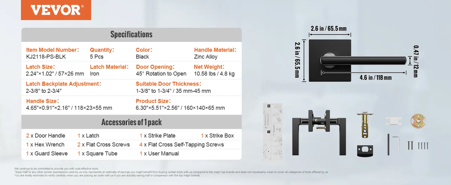 VEVOR passage door handle specifications, dimensions, and accessories in package.