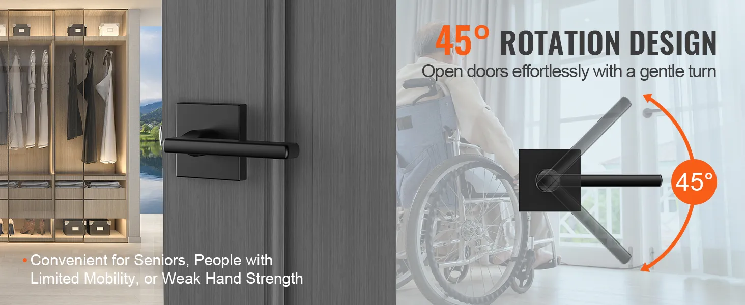 VEVOR passage door handle with 45-degree rotation, ideal for limited mobility and weak hand strength.