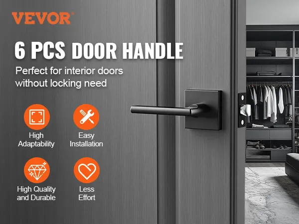 VEVOR passage door handle set for interior doors, shown in a modern closet, highlighting its durability.