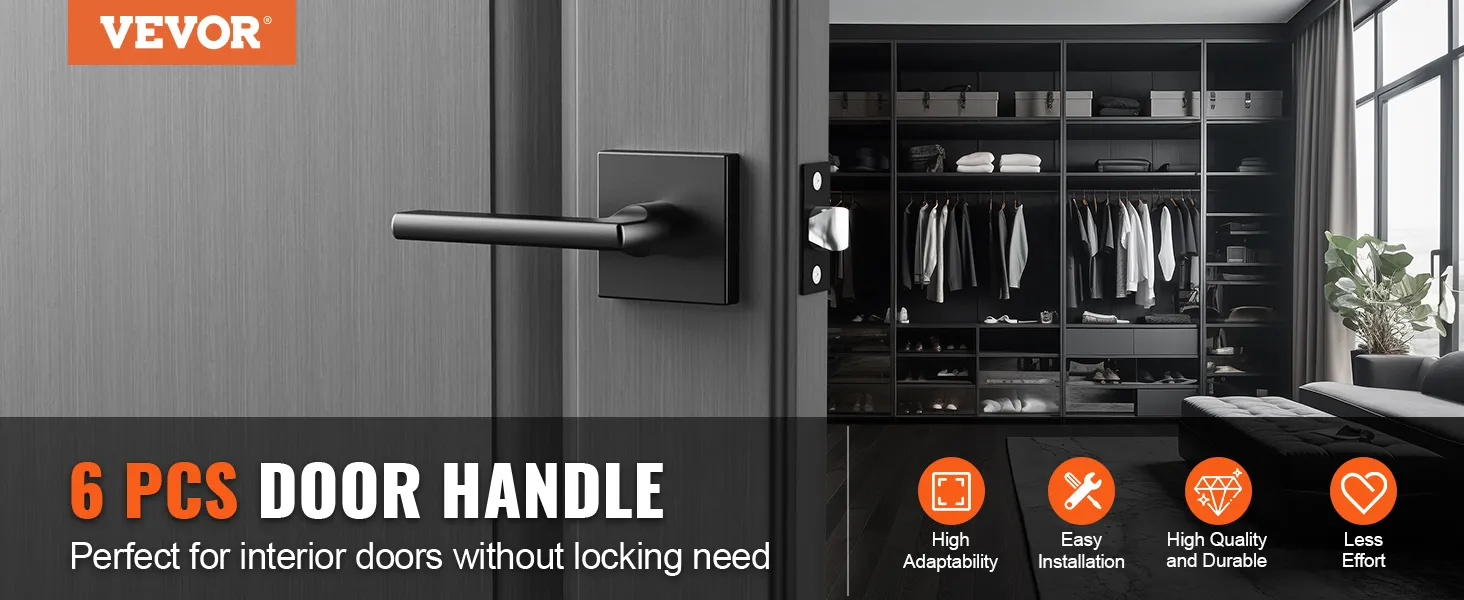 VEVOR passage door handle set for interior doors, shown in a modern closet, highlighting its durability.