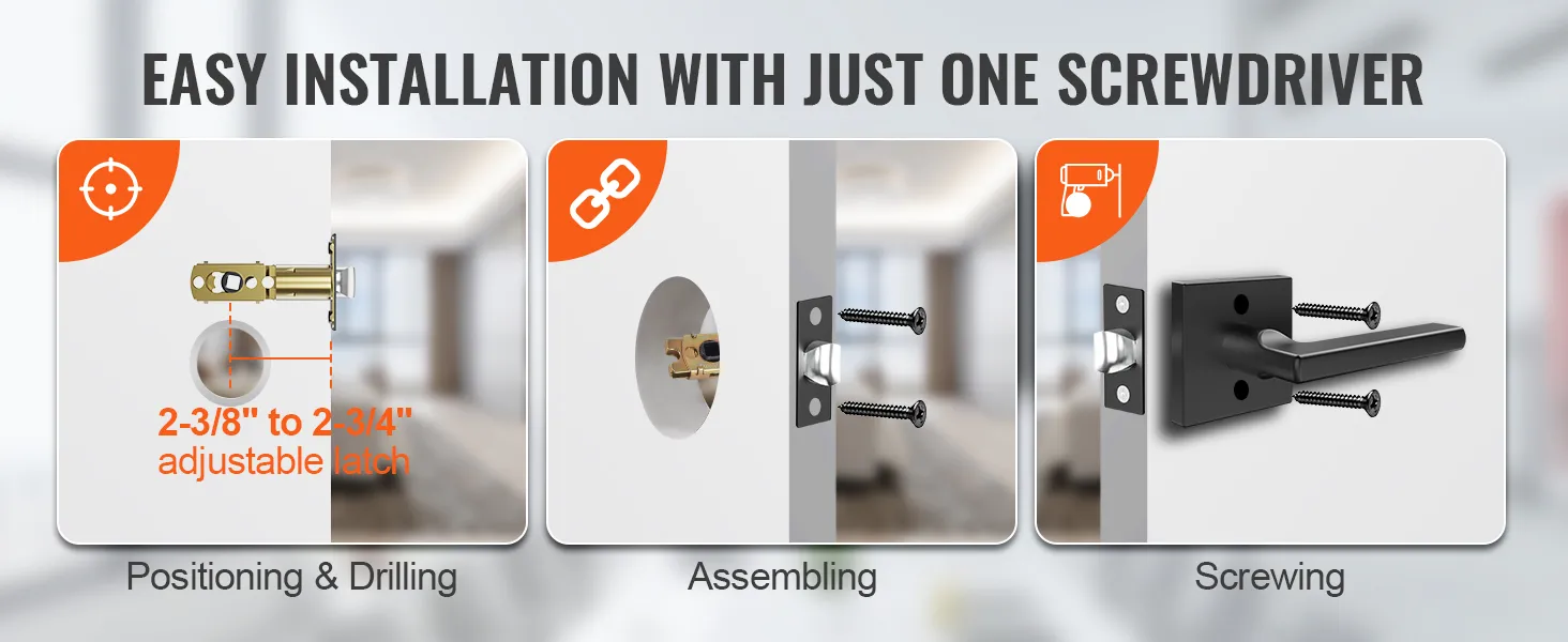 easy installation of VEVOR passage door handle with adjustable latch and simple screwing steps.