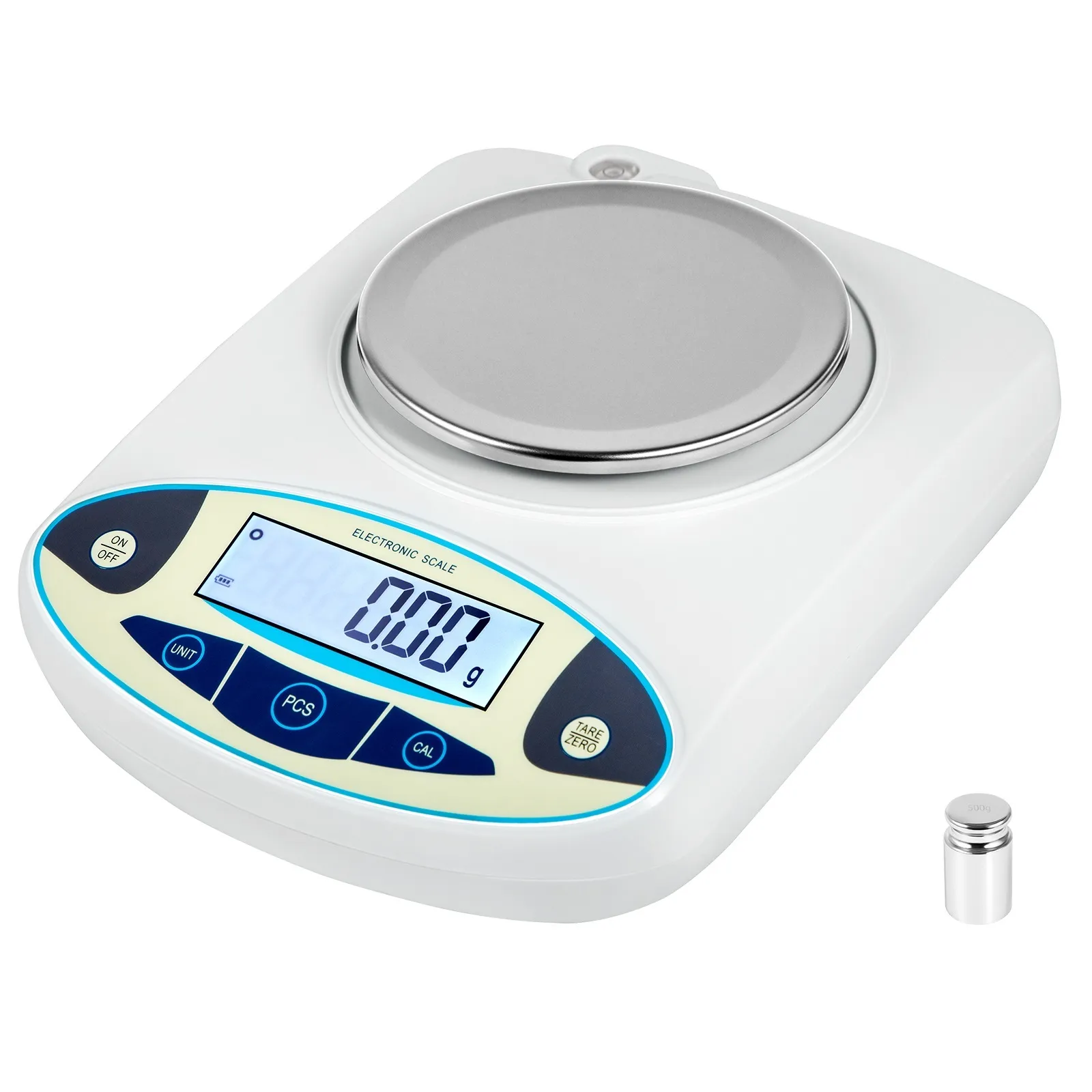 Báscula de laboratorio VEVOR con pantalla digital y plato de pesaje de acero inoxidable.