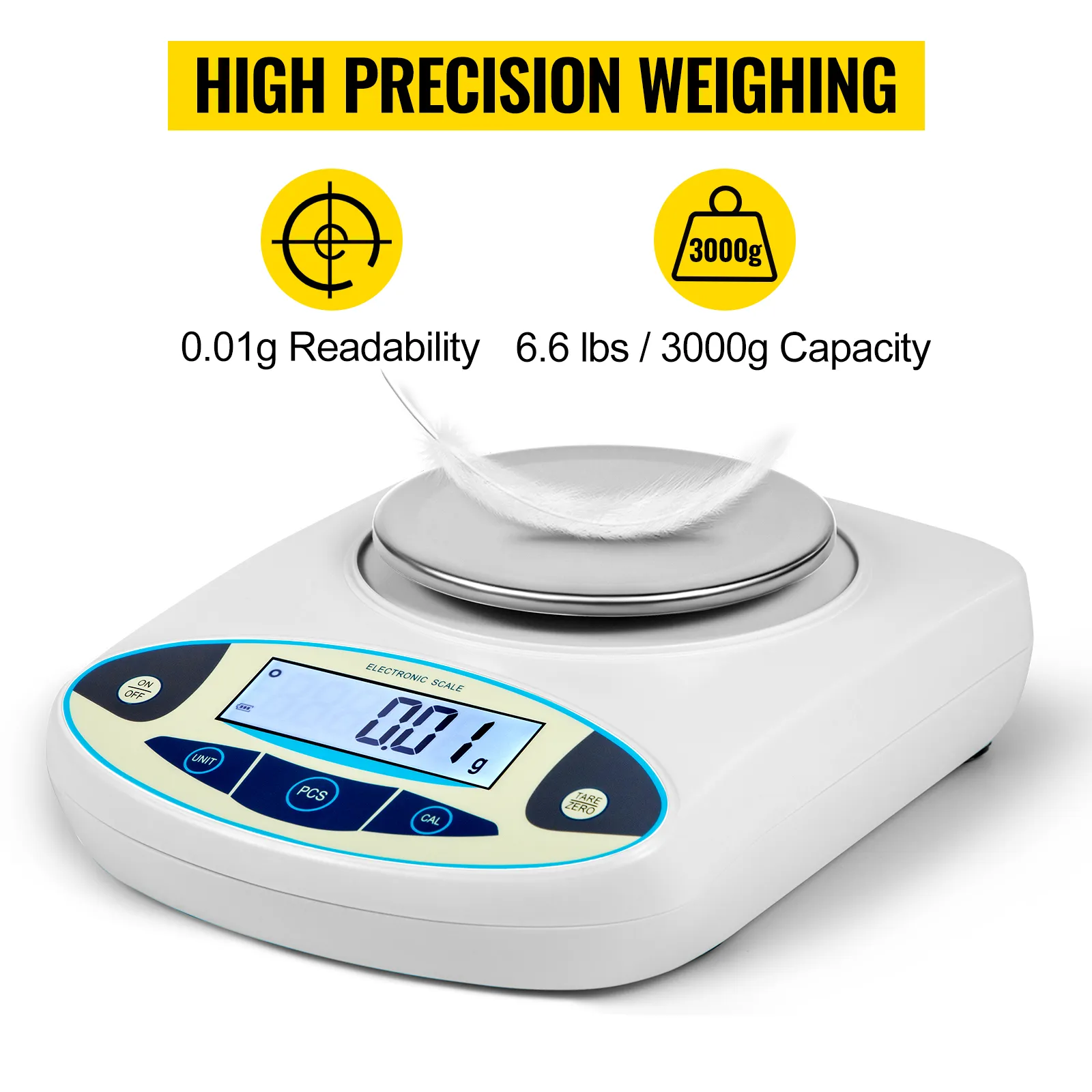 Báscula de laboratorio VEVOR con legibilidad de 0,01 g, capacidad de 3000 g y pesaje de alta precisión.