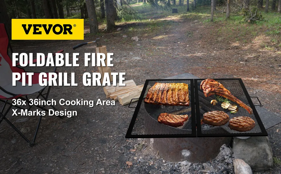 VEVOR Feuerstellen-Grillrost mit Grillfleisch auf einem Waldcampingplatz, faltbarer Grill mit 36 x 36 Zoll Fläche.