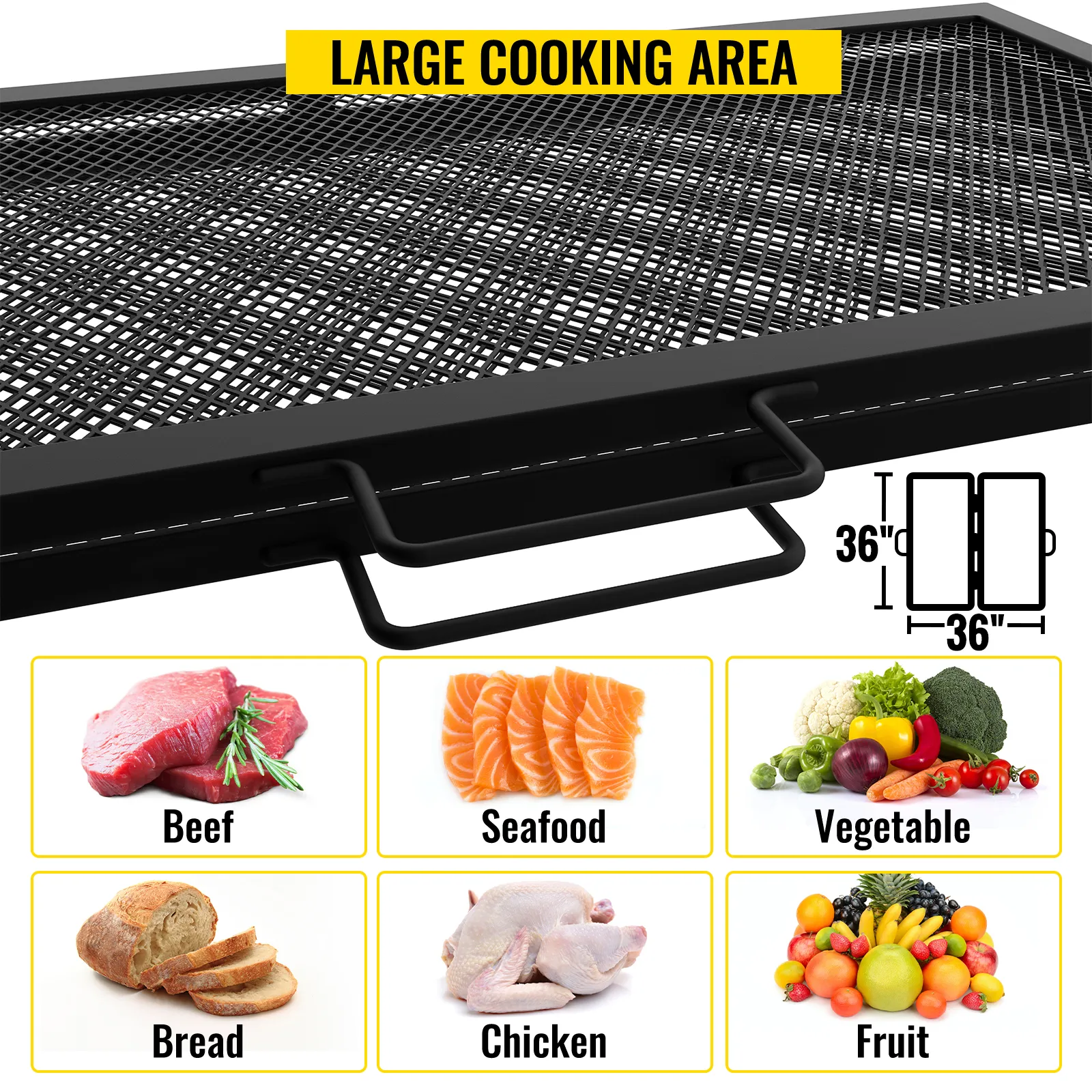 VEVOR-Feuerstellen-Grillrost mit großer Grillfläche zum Grillen von Rindfleisch, Meeresfrüchten, Gemüse, Brot, Hühnchen und Obst.