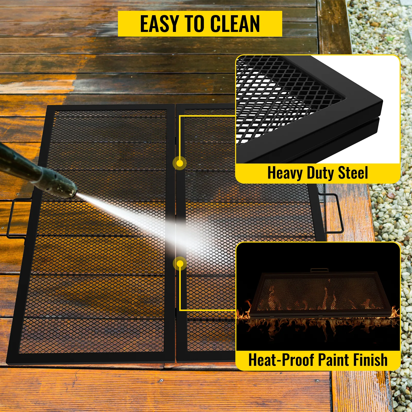 Robuster VEVOR-Feuerstellen-Grillrost aus Stahl mit hitzebeständiger Farbe, der mit einem Schlauch gereinigt wird.