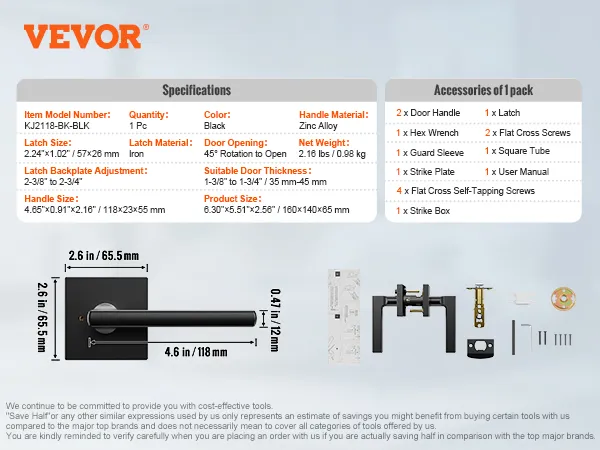 VEVOR privacy deurkruk in zwart, zinklegering, grendelmaat 2,24"x1,02", geschikt voor deuren van 1-3/8" tot 1-3/4".