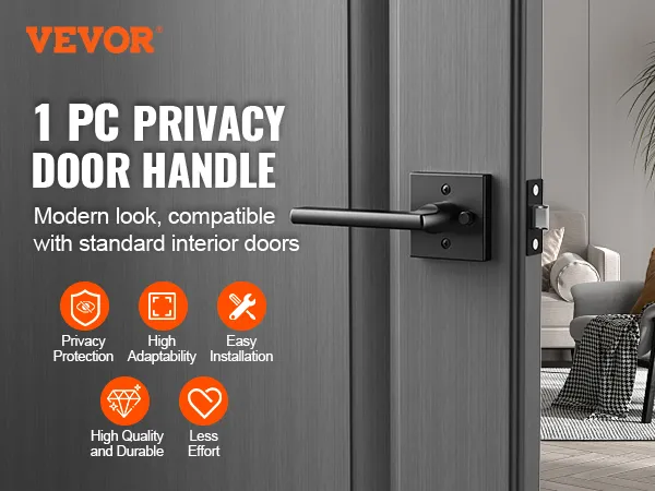 VEVOR privacy deurkruk op een moderne grijze deur, minimalistische woonkamer op de achtergrond.