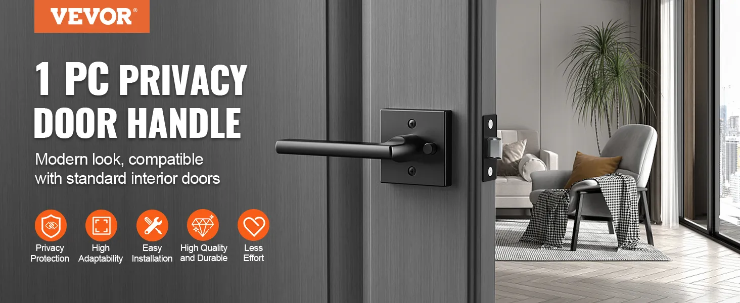 VEVOR privacy deurkruk op een moderne grijze deur, minimalistische woonkamer op de achtergrond.