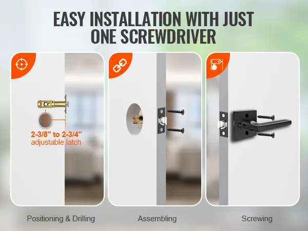 Eenvoudige installatie van VEVOR privacy deurkruk met één schroevendraaier. Stappen voor positionering, montage en schroeven.