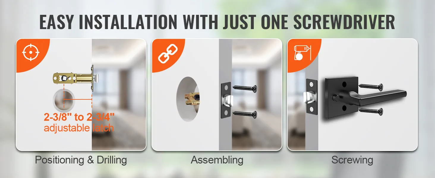 Eenvoudige installatie van VEVOR privacy deurkruk met één schroevendraaier. Stappen voor positionering, montage en schroeven.