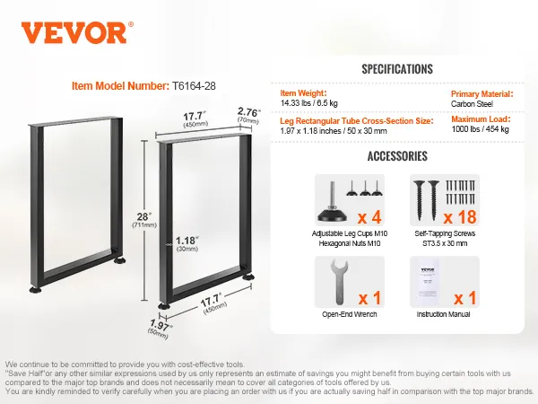 VEVOR verstelbare meubelpoten t6164-28, koolstofstaal, max. belasting 1000 lbs, met accessoires.