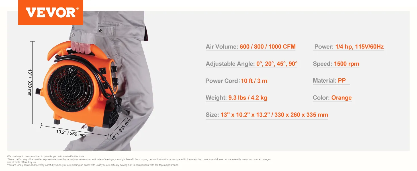 Persona que transporta un soplador de suelo VEVOR compacto, de color naranja, con especificaciones de tamaño y rendimiento.