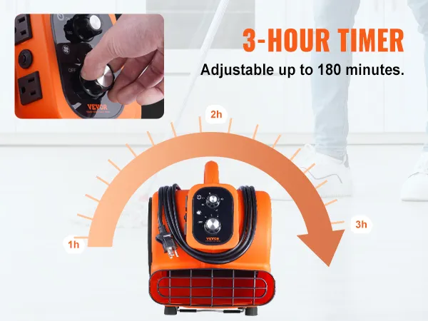 Soplador de suelo VEVOR con temporizador de 3 horas, ajustable hasta 180 minutos, presentado en un elegante diseño naranja.