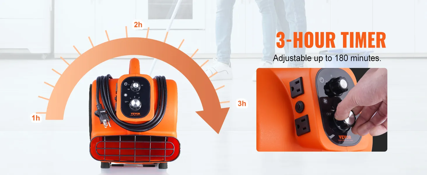 Soplador de suelo VEVOR con temporizador de 3 horas, ajustable hasta 180 minutos, presentado en un elegante diseño naranja.