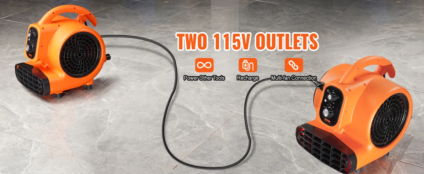 Soplador de piso VEVOR naranja con dos salidas de 115v, conectado sobre un piso de baldosas con características resaltadas.