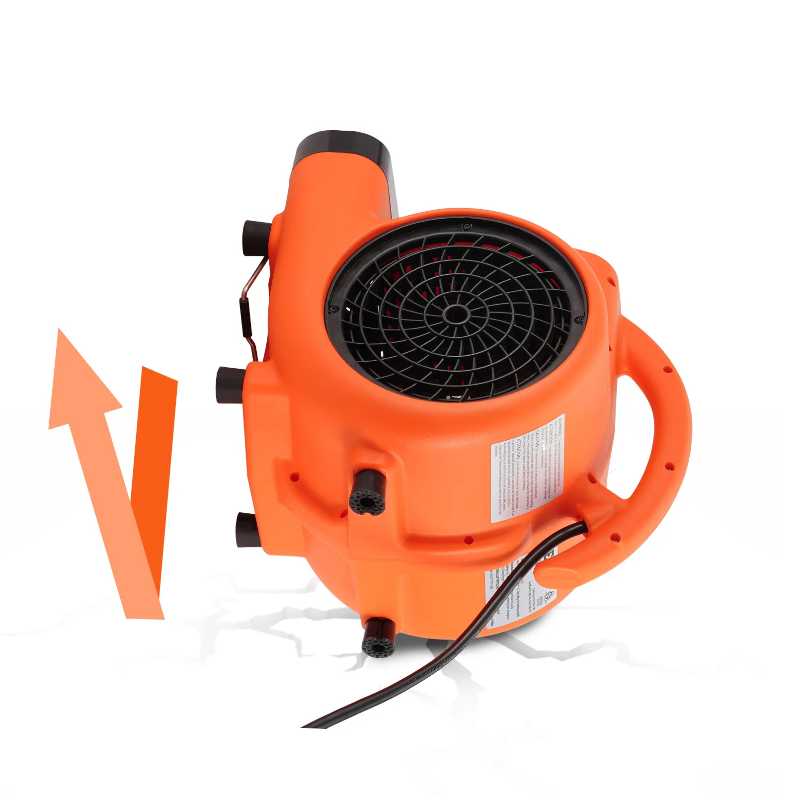 Soplador de piso VEVOR de color naranja brillante con mango y cable de alimentación, listo para usar.