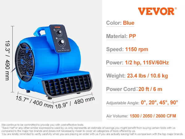 Soplador de piso VEVOR sostenido por una persona con un mono gris, con especificaciones: 1/2 hp, 1150 rpm, ángulos ajustables.