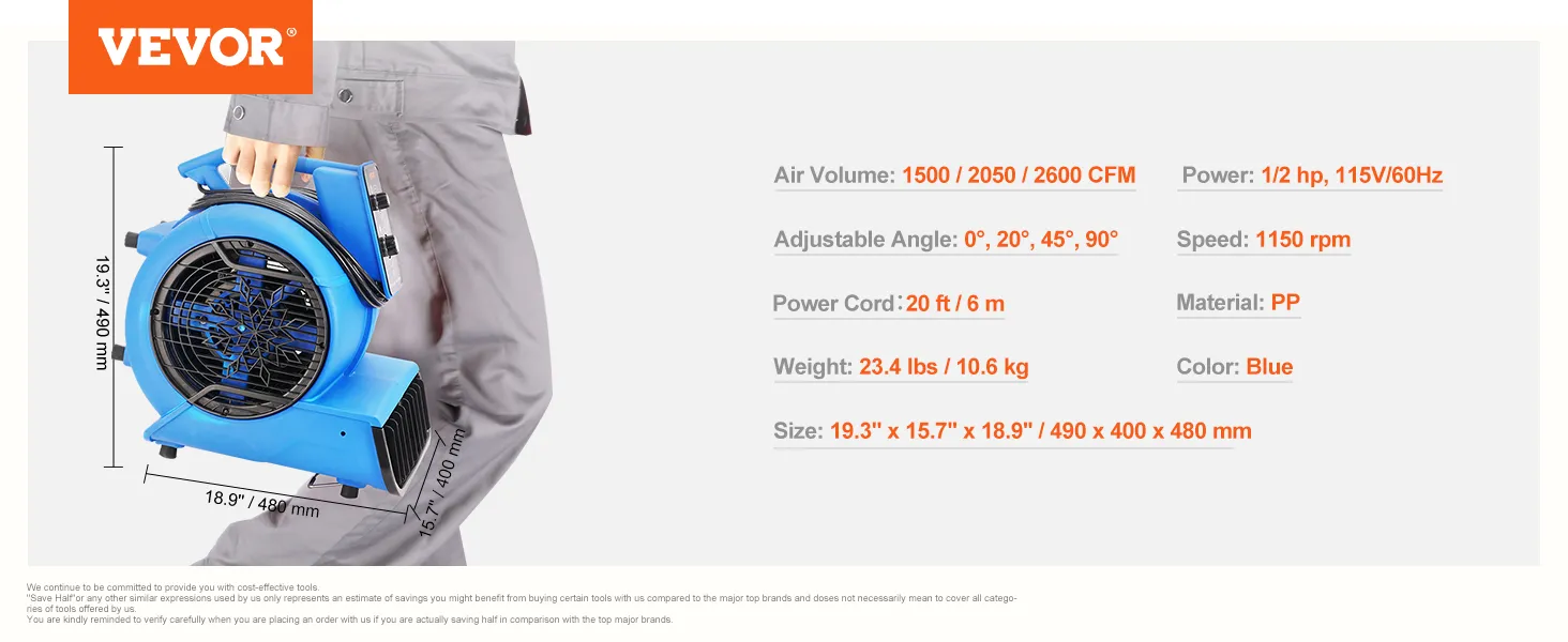 Soplador de piso VEVOR sostenido por una persona con un mono gris, con especificaciones: 1/2 hp, 1150 rpm, ángulos ajustables.