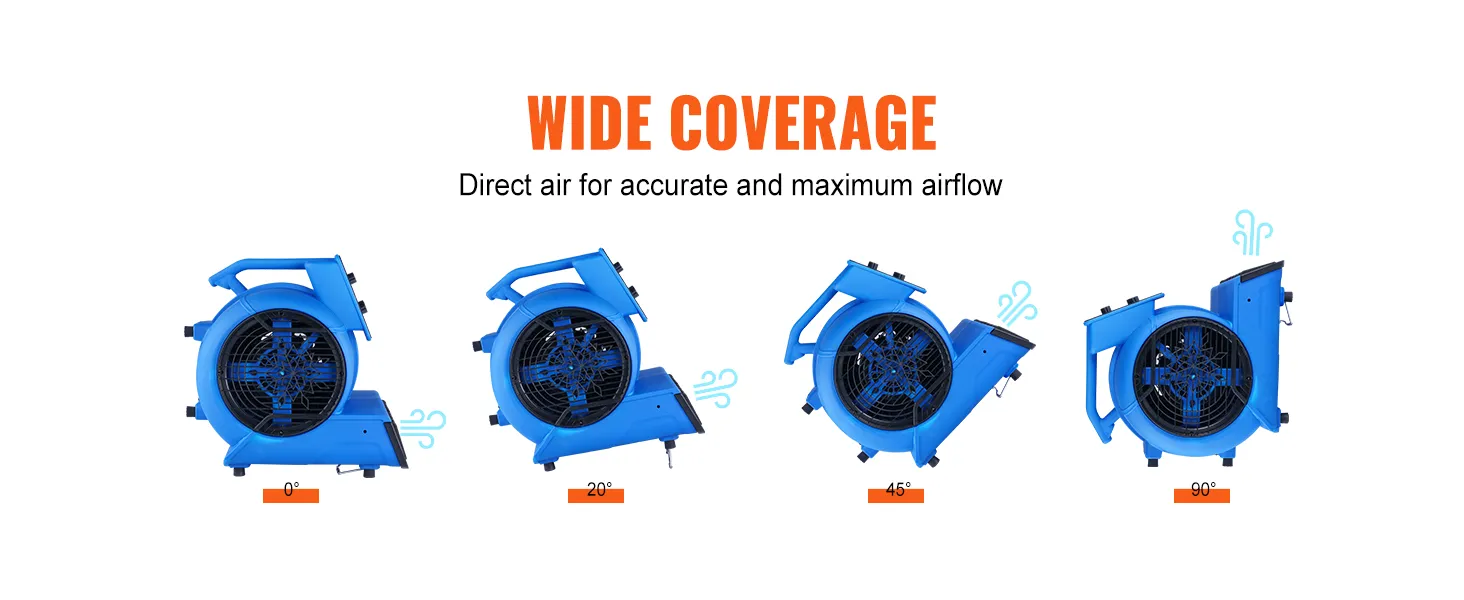 Soplador de piso VEVOR que proporciona una amplia cobertura con ángulos ajustables para un flujo de aire preciso.