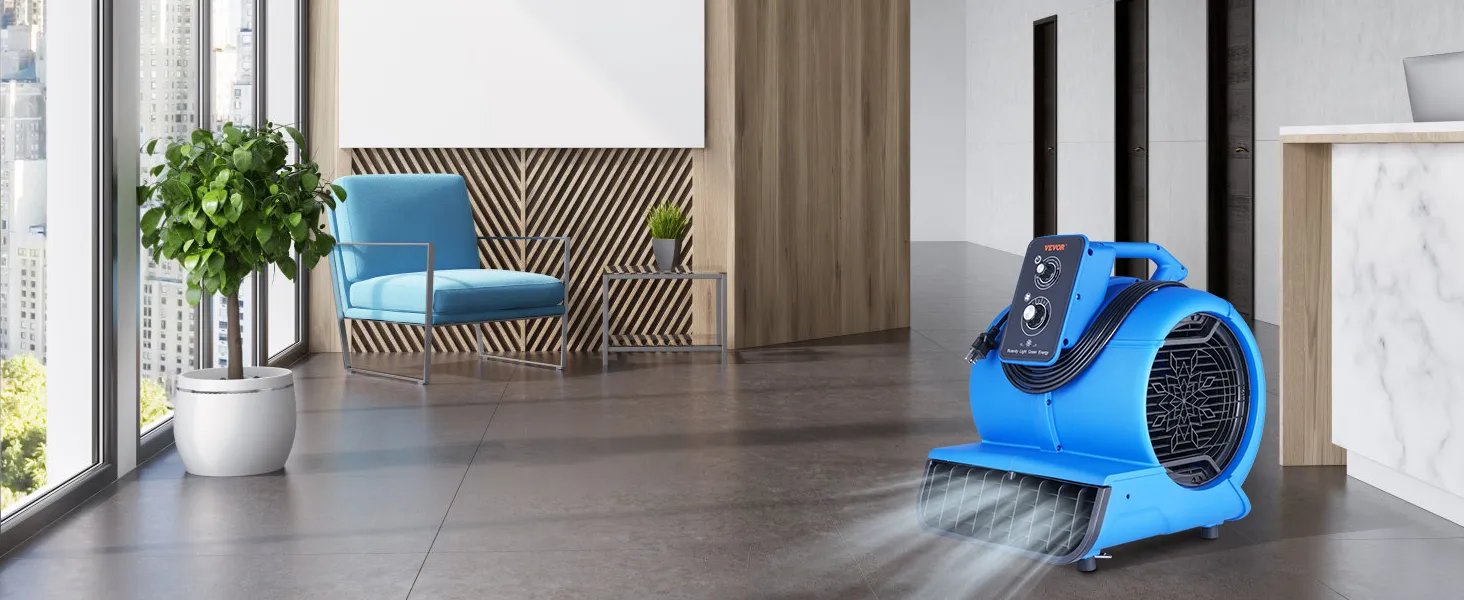 Oficina moderna con soplador de piso vevoor, silla azul, planta de interior y mostrador de mármol.