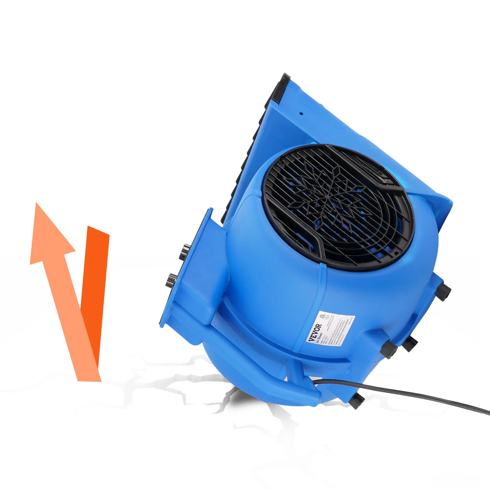Soplador de piso VEVOR azul con ventilador negro, cable y flecha naranja que indica el flujo de aire.