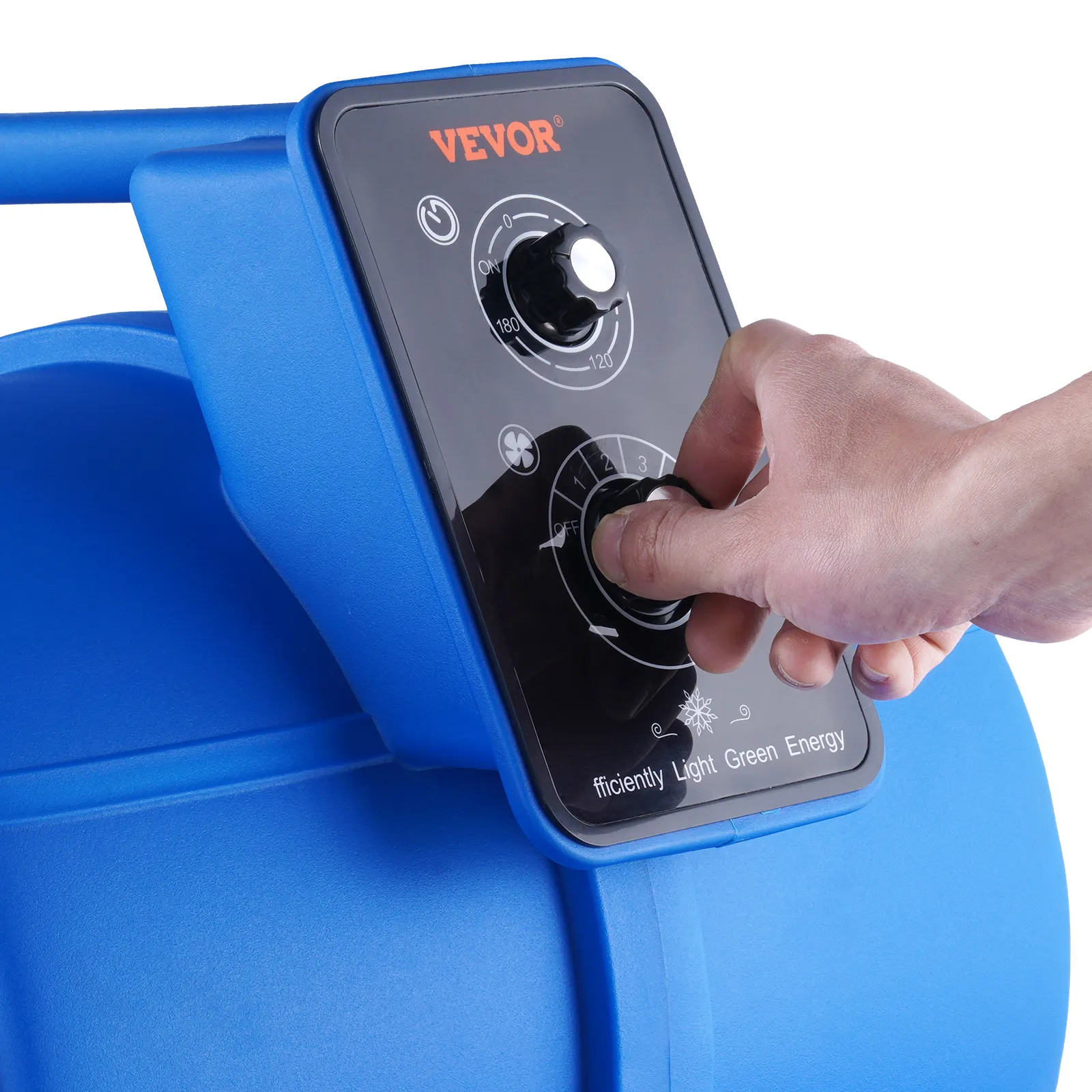 Controles de ajuste manual en el soplador de piso VEVOR, que muestran el dial y las configuraciones en la unidad azul.