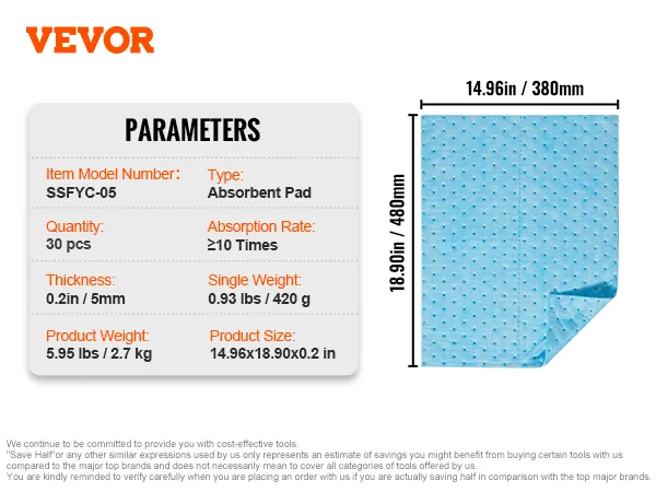 VEVOR-Saugpads: 30 Stück, 14,96 x 18,90 Zoll, 0,2 Zoll dick, absorbiert ≥ das 10-fache seines Gewichts.