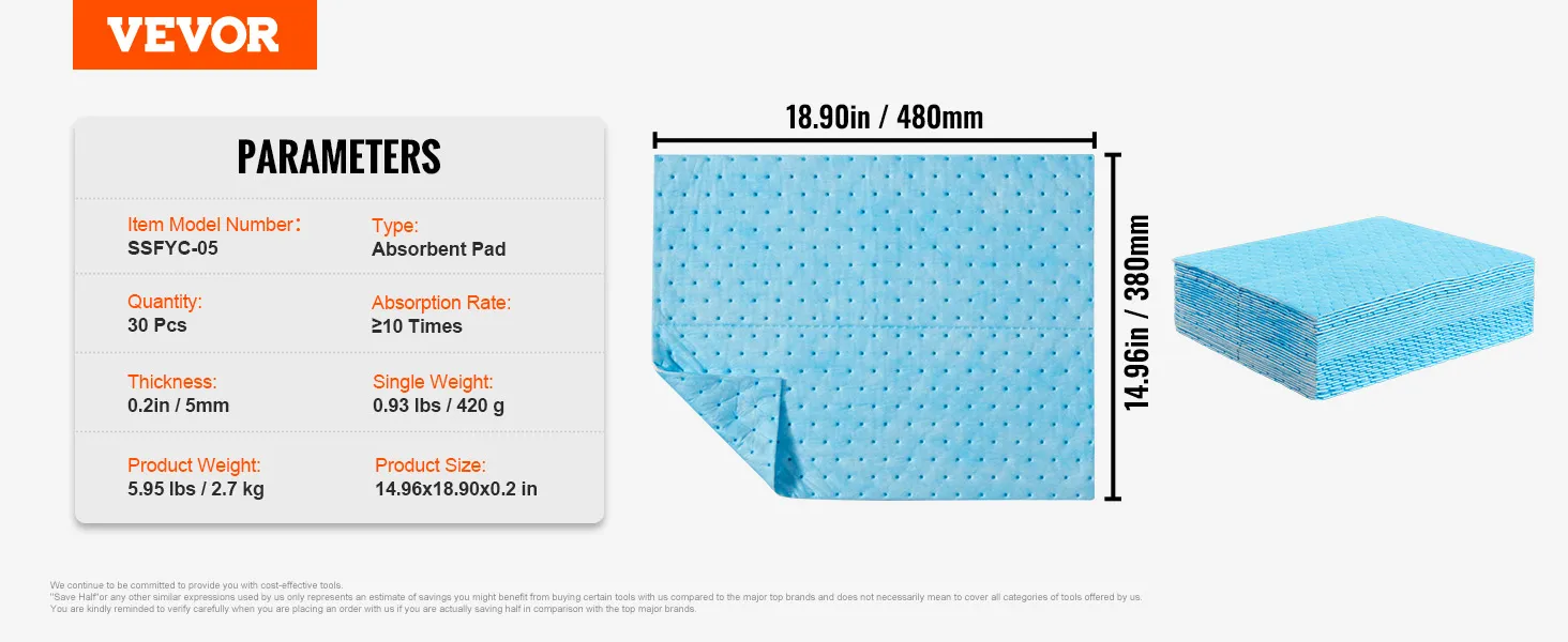 VEVOR-Saugpads: 30 Stück, 14,96 x 18,90 Zoll, 0,2 Zoll dick, absorbiert ≥ das 10-fache seines Gewichts.