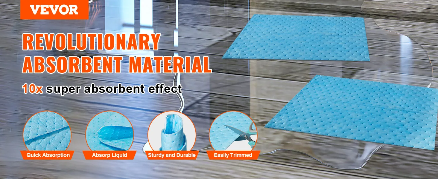 Die saugfähigen Pads von VEVOR bieten schnelle Saugfähigkeit, Flüssigkeitskontrolle, Haltbarkeit und einfaches Zuschneiden.