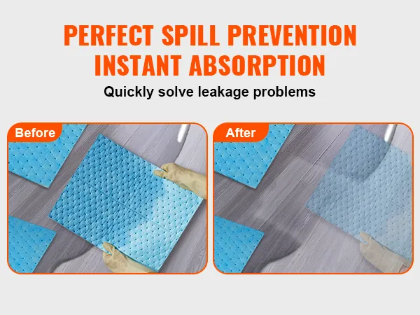 Vor und nach der Verwendung der blauen VEVOR-Saugkissen, die zeigen, dass Verschütten verhindert wird und die Pads sofort absorbieren.