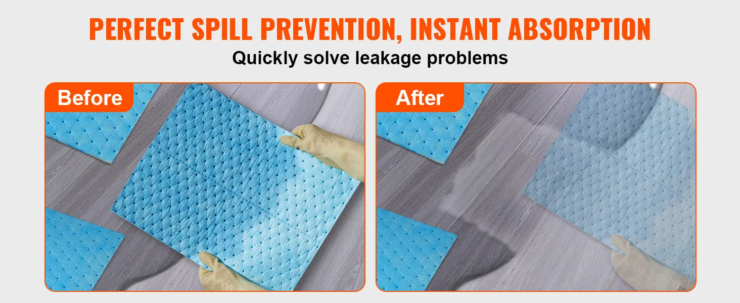 Vor und nach der Verwendung der blauen VEVOR-Saugkissen, die zeigen, dass Verschütten verhindert wird und die Pads sofort absorbieren.