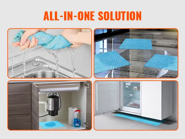 VEVOR-Saugkissen in vier Anwendungsbereichen: Auswringen, Einweichen in Wasser, unter der Spüle und unter dem Kühlschrank.