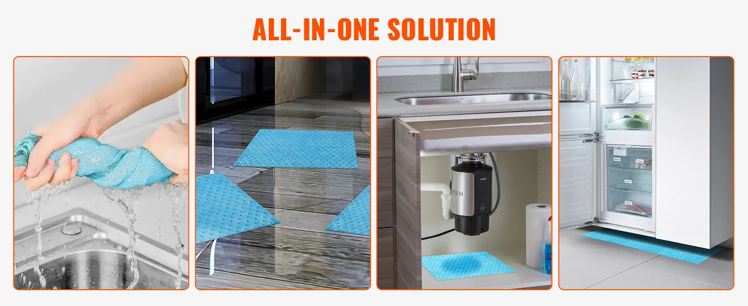 VEVOR-Saugkissen in vier Anwendungsbereichen: Auswringen, Einweichen in Wasser, unter der Spüle und unter dem Kühlschrank.